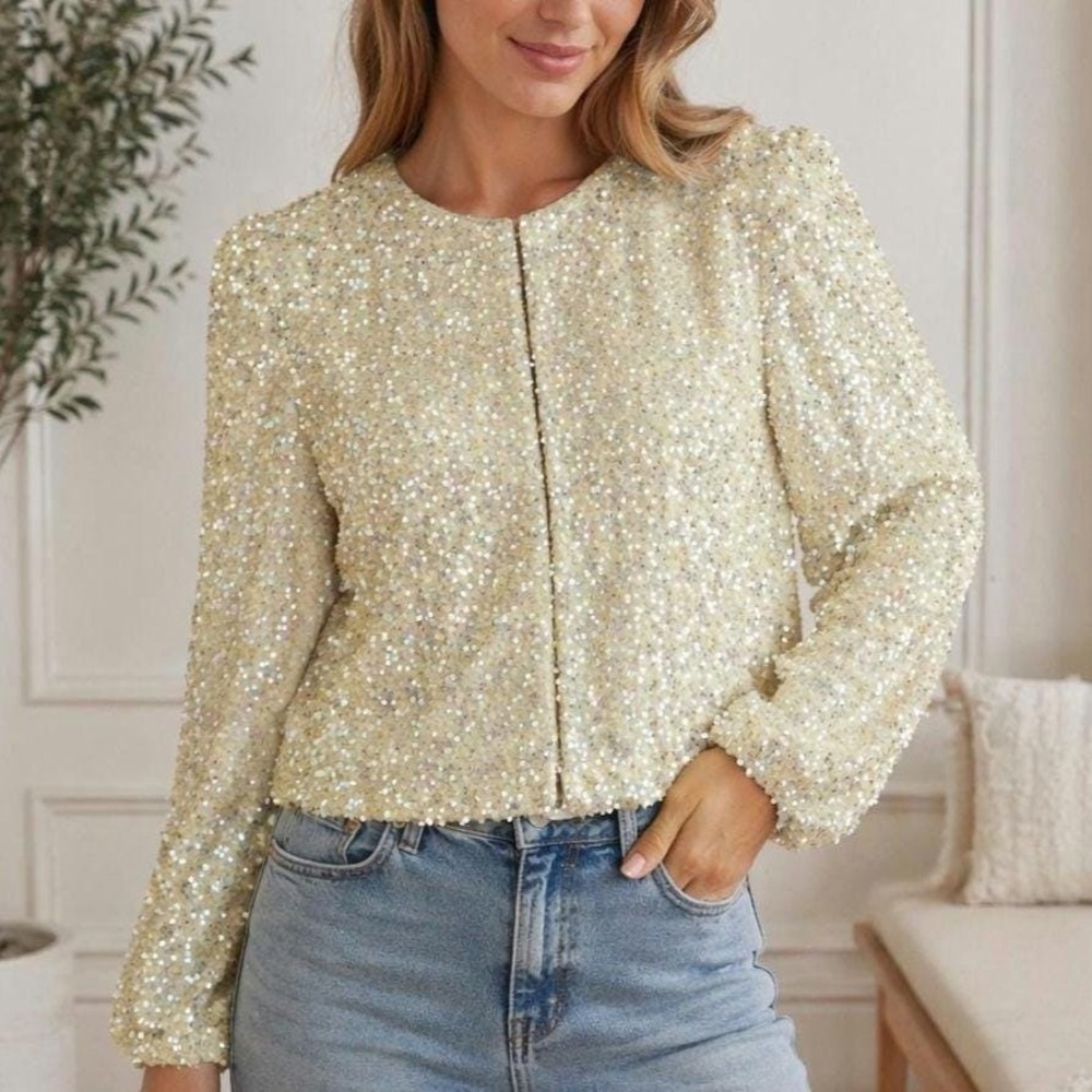 Vintage 60s Iridescent Gold Beige‎ Sequin Jacket Bridal Formal Large Size 40